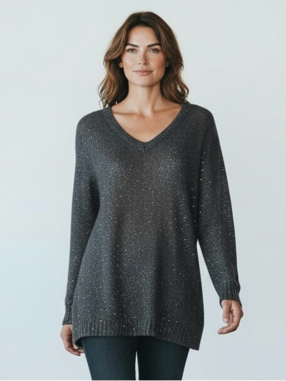 APT 9 V-Neck Sequin Embellished Long Sleeve Black Heavy Sweater Size XL